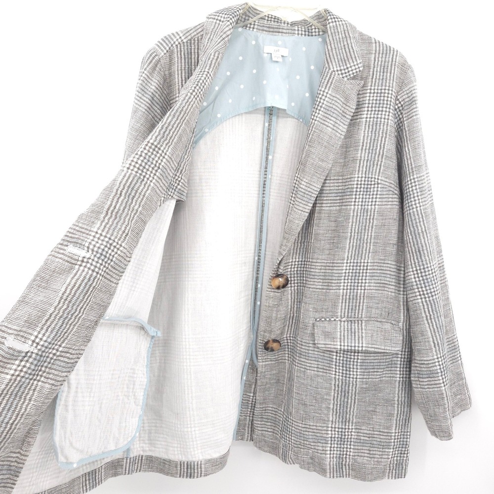 J. Jill linen-blend Blazer Women Medium Grey Plaid Two Button Boyfriend Jacket - Picture 8 of 12
